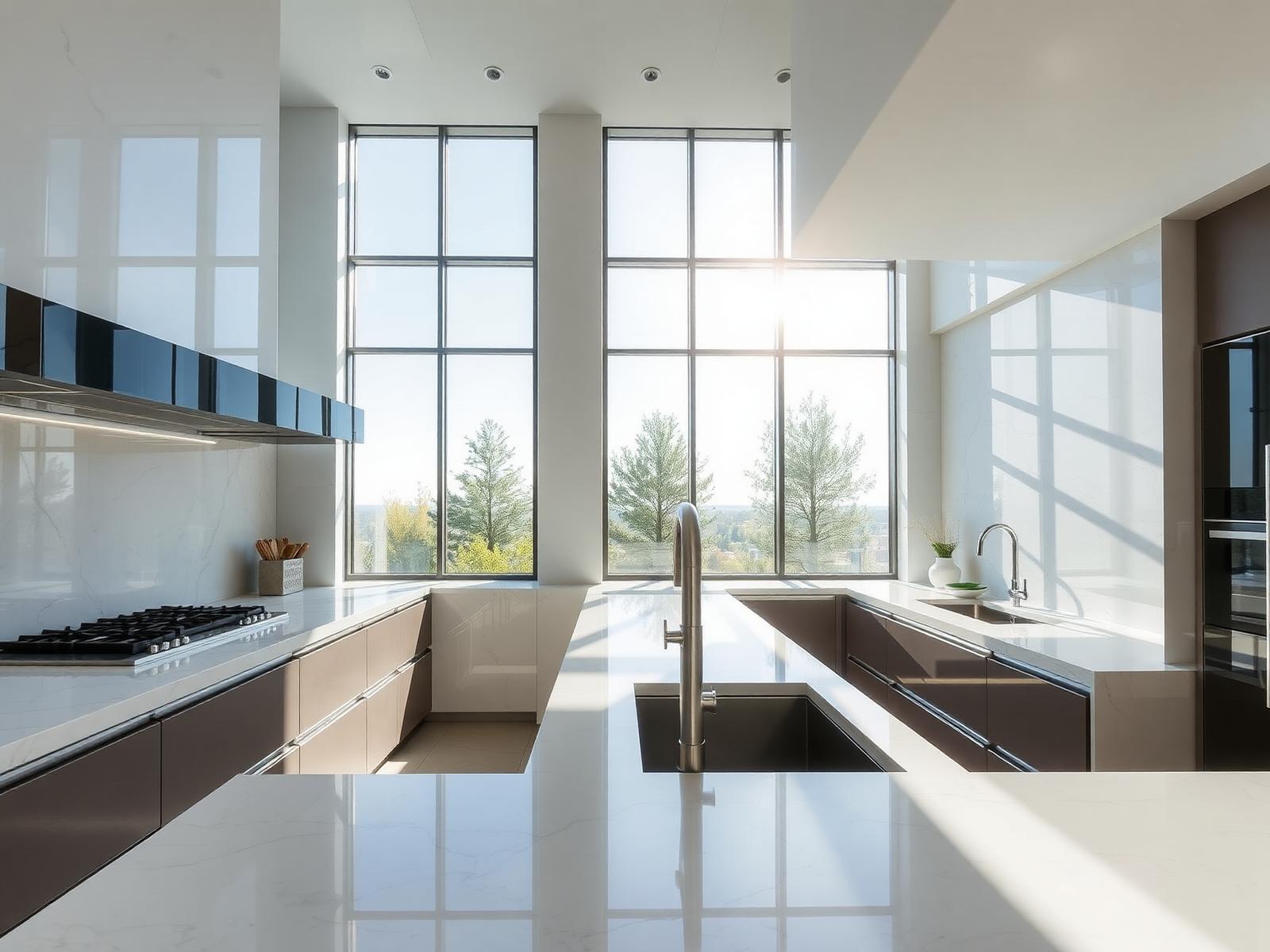 Sunlit modern kitchen with spotless marble counters
